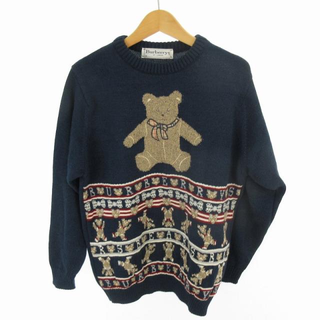 【中古】バーバリーズ Burberrys 長袖 ニット セーター ベア 熊 ノバチェック柄 紺 ネイビー ベージュ S ヴィンテージ オールド