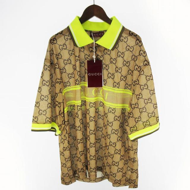 【中古】未使用品 グッチ GUCCI 24年製 XL GGプリント 総柄 ロゴ 半袖 メッシュ ポロシャツ Tシャツ 787890 ベージュ