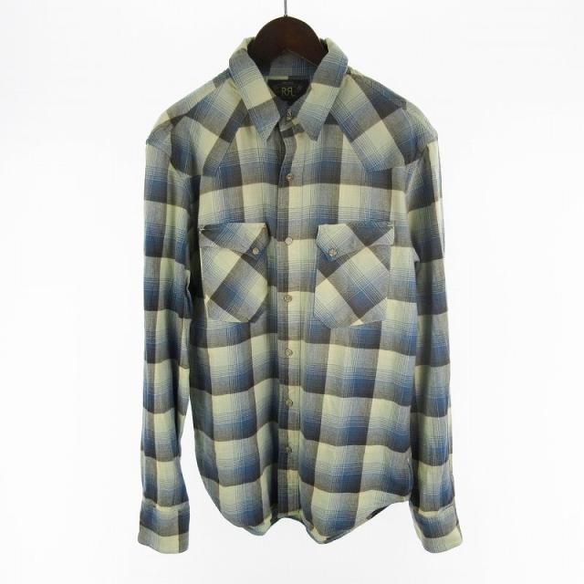 【中古】ダブルアールエル RRL S オンブレ チェック ウエスタンシャツ 長袖 コンチョボタン ブルー 青 ブラック 黒 コットン