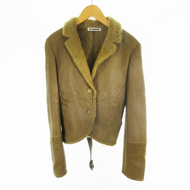 【中古】ジルサンダー JIL SANDER 34 レザージャケット シープスキン 羊革 ムートン ボア ファー ブラウン 茶 革ジャン