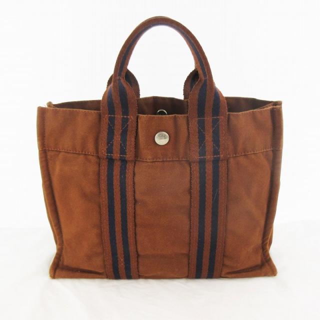 【中古】エルメス HERMES フールトゥ PM ミニトートバッグ ハンドバッグ キャンバス ブラウン 茶 ネイビー 紺 鞄