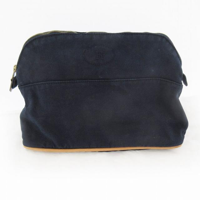 【中古】エルメス HERMES ボリード ポーチ MM キャンバス コットン レザー ネイビー 紺 化粧ポーチ 小物入れ バッグ 鞄