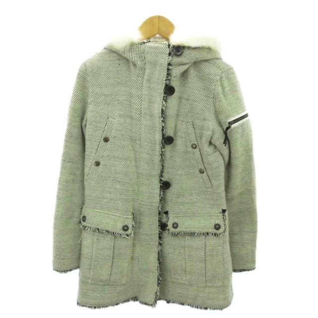 LANVIN en Bleu - 美品 LANVIN en Bleu ランバンオンブルー フォックスファーティペット付き レース ウールノーカラーコート 38 カーキグレー レディース 古着 中古 USED 中古】ランバンオンブルー LANVIN en Bleu コート フード フォックス