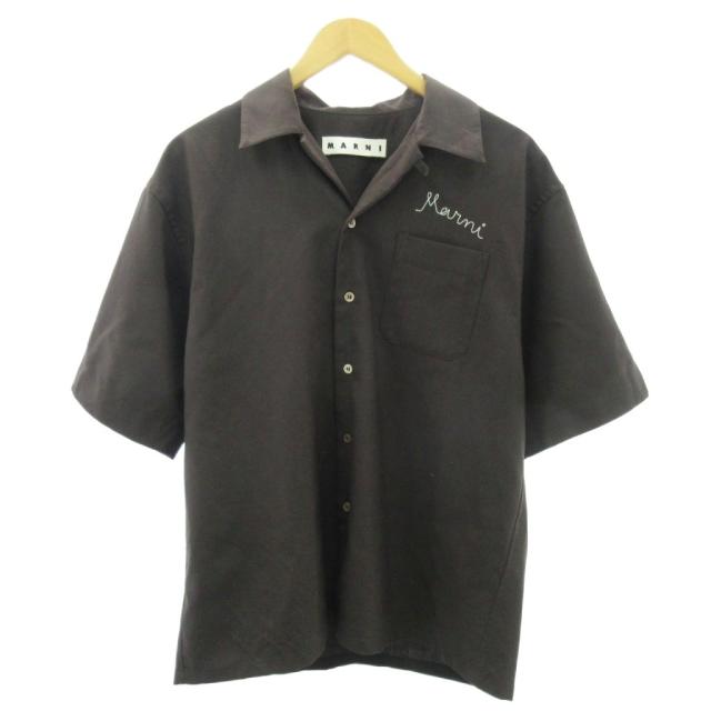 【中古】マルニ MARNI 近年 トロピカルウール ボーリングシャツ ロゴ刺しゅう 半袖 茶 ブラウン 44 約S ☆AA★ メンズ