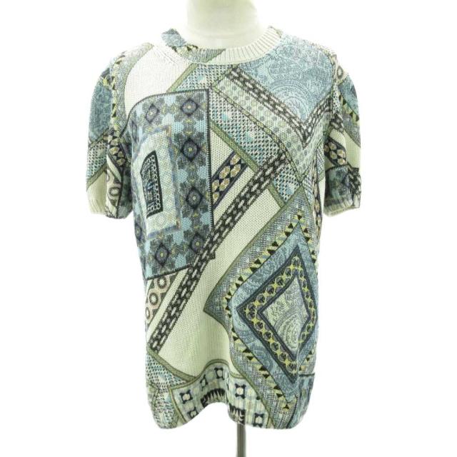 【中古】エトロ ETRO 極美品 近年 シルク ニット セーター リネン混 総柄 幾何学柄 青 ブルー 白 ホワイト 46 約L
