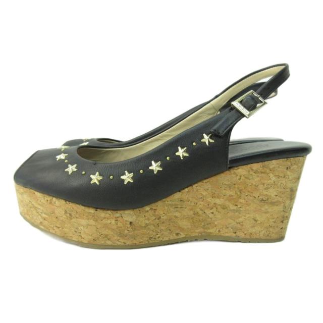 【中古】未使用品 ジミーチュウ JIMMY CHOO スタースタッズ ウエッジソール サンダル レザー 黒 37.5 24.5cm STK