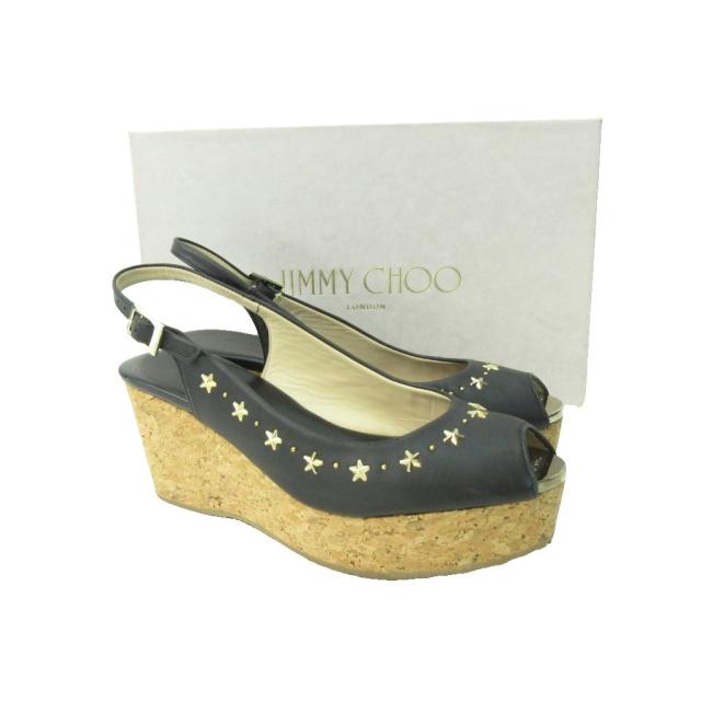 【中古】未使用品 ジミーチュウ JIMMY CHOO スタースタッズ ウエッジソール サンダル レザー 黒 37.5 24.5cm STK