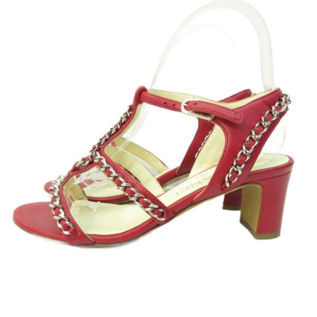 【中古】シャネル CHANEL ココマーク パンプス チェーン チャンキー ヒール 赤 レッド 35C 約22cm ☆AA★ レディース 中古】シャネル CHANEL ココマーク パンプス チェーン チャンキー