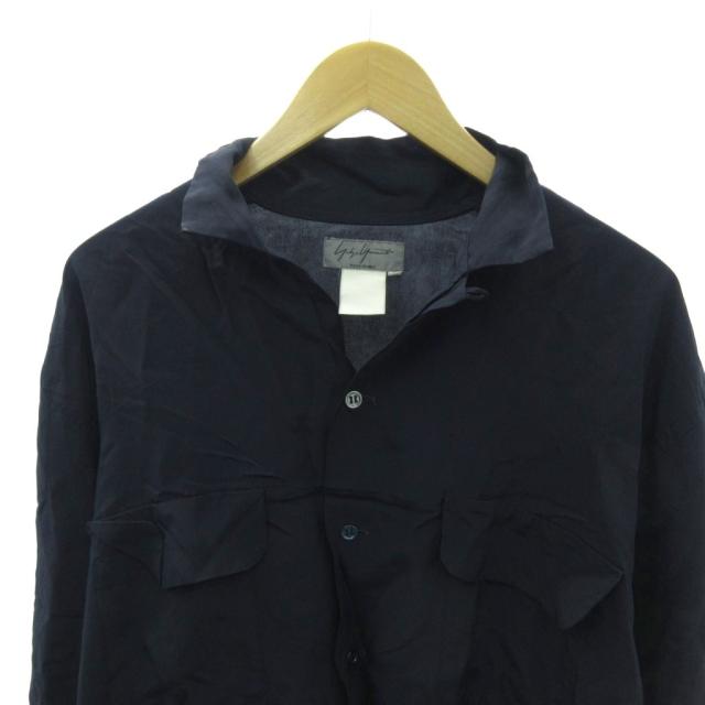 【中古】ヨウジヤマモトプールオム 丸文字 80s オープンカラーシャツ 開襟 長袖 M 紺 ネイビー 1212 メンズ 中古】ヨウジヤマモトプールオム 丸文字 80s オープンカラーシャツ