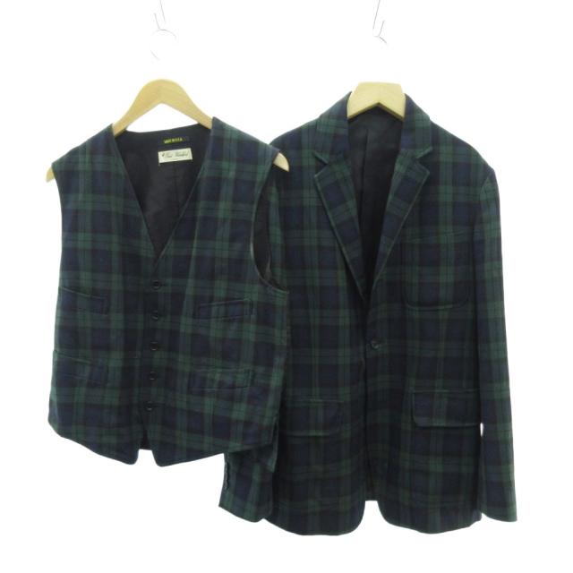 【中古】ハントブラッチフォード ブラックウォッチ スーツ ジャケット ベスト 緑 グリーン L メンズ