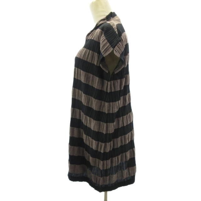 【中古】プリーツプリーズ PLEATS PLEASE ボーダー ワンピース チュニック リネン混 グレー 3 約L PP21-JT704_1