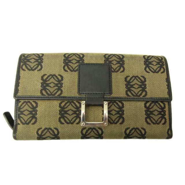 【中古】ロエベ LOEWE 長財布 ウォレット アナグラム 総柄 キャンバス レザー ベージュ 茶 ブラウン 0412