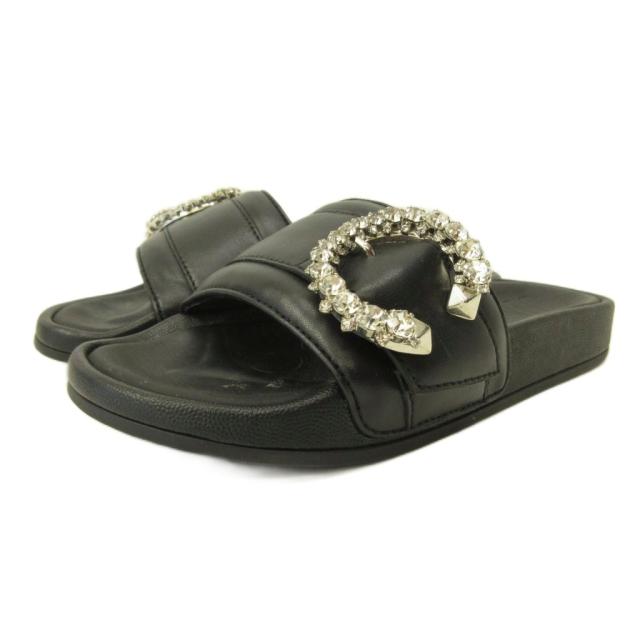 【中古】ジミーチュウ JIMMY CHOO 美品 クリスタルバックル スライドサンダル シューズ ビジュー レザー 34 21.0cm 黒