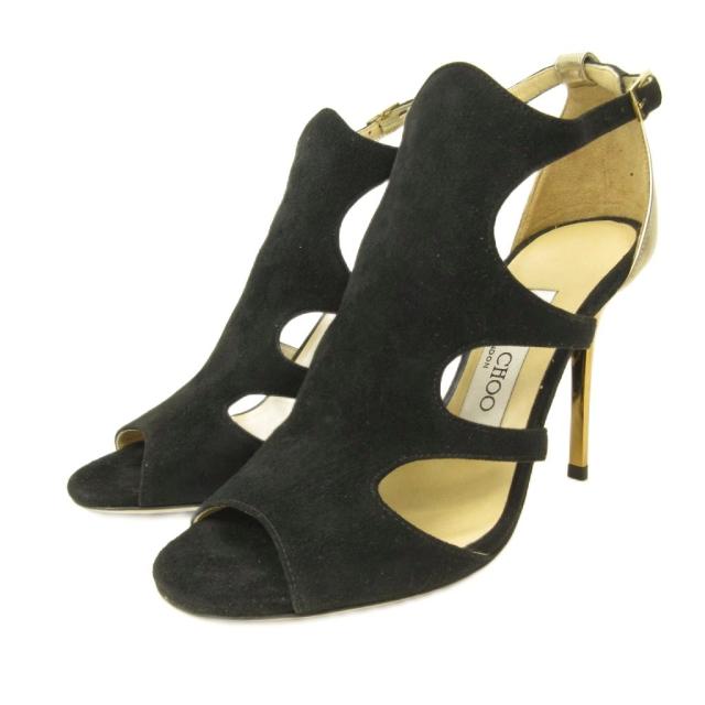 【中古】ジミーチュウ JIMMY CHOO サンダル シューズ ハイヒール スエード 34.5 21.5cm 黒 ブラック ゴールドカラー