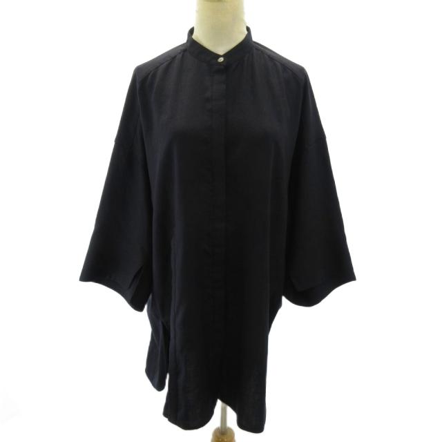 【中古】エンフォルド ENFOLD 美品 22SS リネンライク 2WAY シャツ ブラウス バンドカラー ロング丈 長袖 38 黒