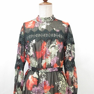 中古 フレイアイディー ワンピース スタンドカラー ロング丈 長袖 総柄 花柄 レース 緑 オレンジ 0 レディースの通販はau Pay マーケット ブランド古着のベクトル