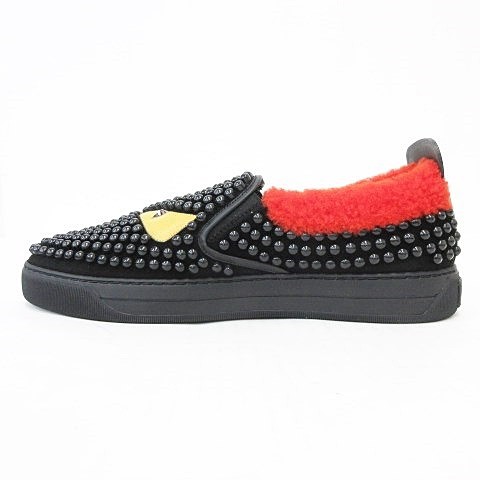 【中古】未使用品 フェンディ FENDI バックバグズ モンスター スリッポン ビーズ スタッズ スエード ブラック レッド 黒 赤 9 ☆AA★