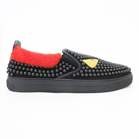 【中古】未使用品 フェンディ FENDI バックバグズ モンスター スリッポン ビーズ スタッズ スエード ブラック レッド 黒 赤 9 ☆AA★