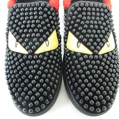 【中古】未使用品 フェンディ FENDI バックバグズ モンスター スリッポン ビーズ スタッズ スエード ブラック レッド 黒 赤 9 ☆AA★