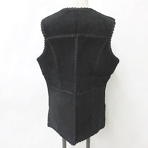 中古】MITSUPUL レザー ベスト ジレ 刺繍 豚皮 黒 ブラック レディース