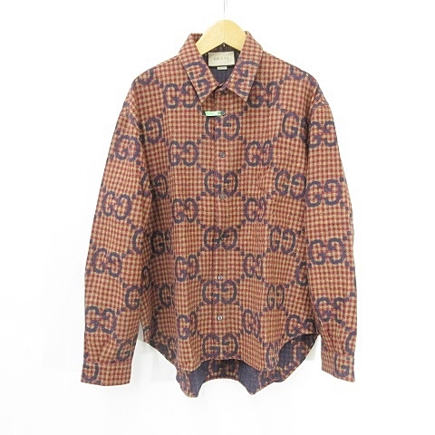 【中古】グッチ GUCCI マキシGG ギンガム ウールシャツ Maxi GG Gingham 756842 ZAOBM 大きいサイズ レッド ブルー 60