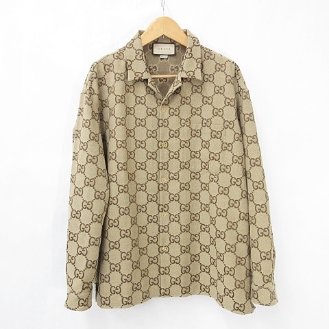 【中古】グッチ GUCCI マキシ GGキャンバス シャツ GG柄 770426 ZAHT5 大きいサイズ ブラウン キャメル 茶 64 メンズ