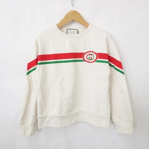 【中古】グッチ GUCCI トレーナー スウェット 長袖 丸首 プルオーバー プリント 綿 白 ホワイト クリーム XS
