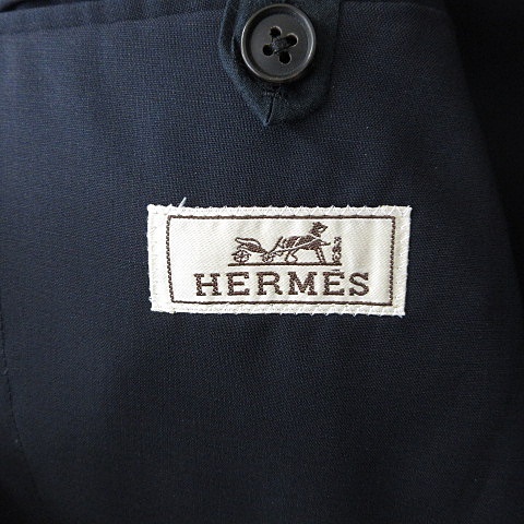 【中古】エルメス HERMES スーツ セットアップ ジャケット テーラード パンツ スラックス 裏無 ウール ネイビー 紺 46