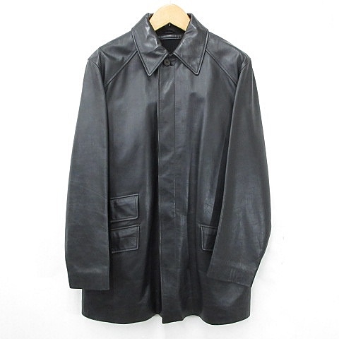 【中古】エルメス HERMES コート レザーコート ステンカラー シングル ライナー カーフレザー カシミア ブラック 黒 50 ☆AA★ メンズ