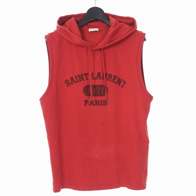 【中古】サンローラン パリ SAINT LAURENT PARIS 22SS ノースリーブフーディ パーカー ヴィンテージ加工 S レッド 赤