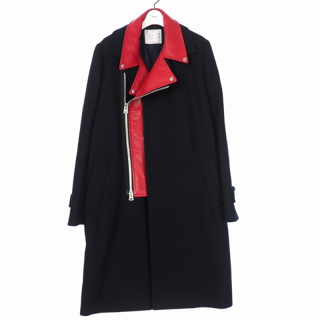 【中古】サカイ sacai 19AW ライダースドッキング ウールロングコート ジャケット 3 ネイビー 紺 19-02041M メンズ