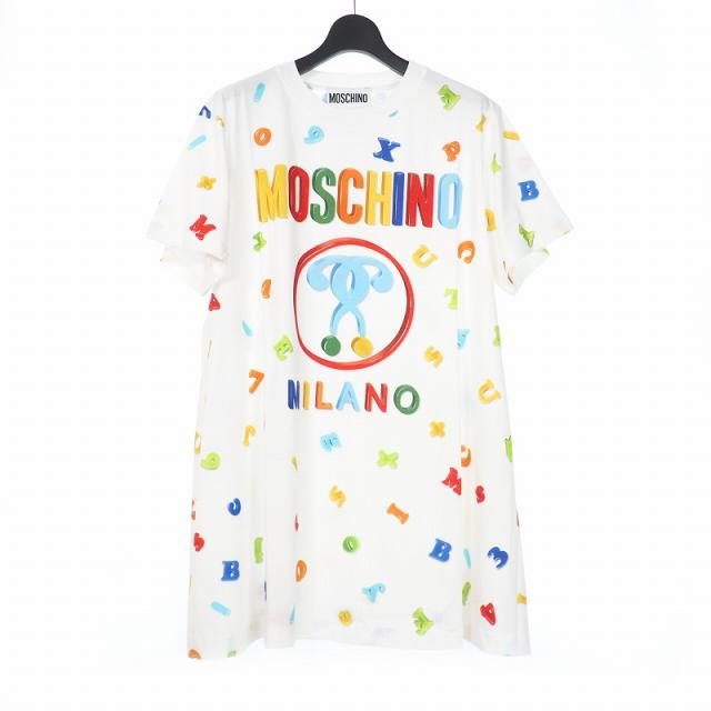 【中古】未使用品 モスキーノ MOSCHINO 20SS ダブルクエスチョン プリント ワンピース Tシャツ カットソー 総柄 42 白