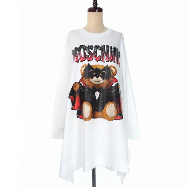 【中古】未使用品 モスキーノ MOSCHINO 20SS バッド テディベア プリント ワンピース 40 ホワイト 白 V0458 レディース