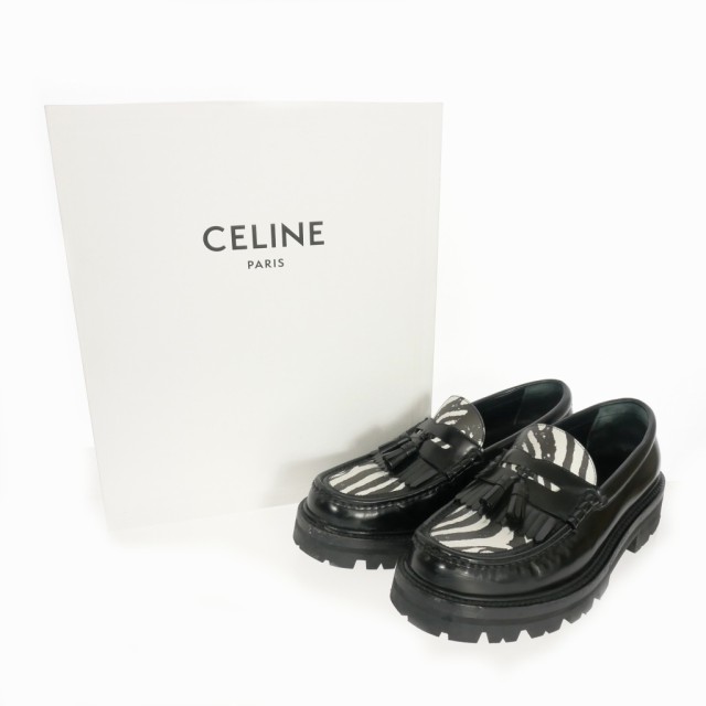 【中古】セリーヌ CELINE ゼブラ柄 タッセルローファー チャンキーヒール 革靴 42 ブラック 黒 メンズ｜au PAY マーケット