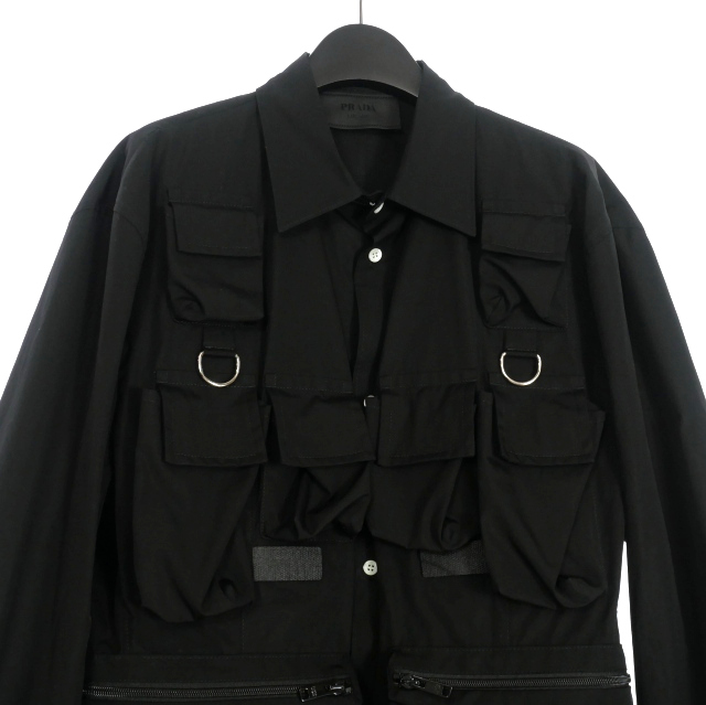 【中古】プラダ PRADA 24SS シングルブレスト コットンジャケット ブルゾン マルチポケット 長袖 48R ブラック UGI267