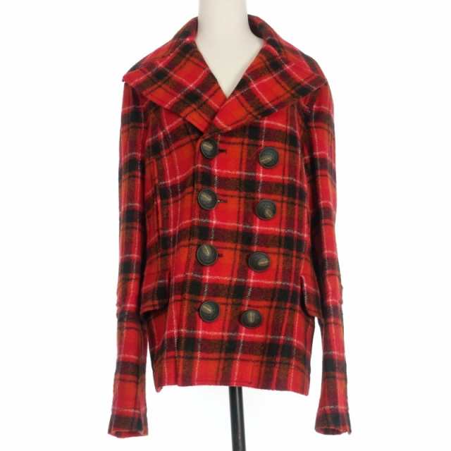 【中古】ディースクエアード DSQUARED2 22AW チェック柄 ダブルブレスト Pコート ジャケット 40 レッド 赤 S75AM0908