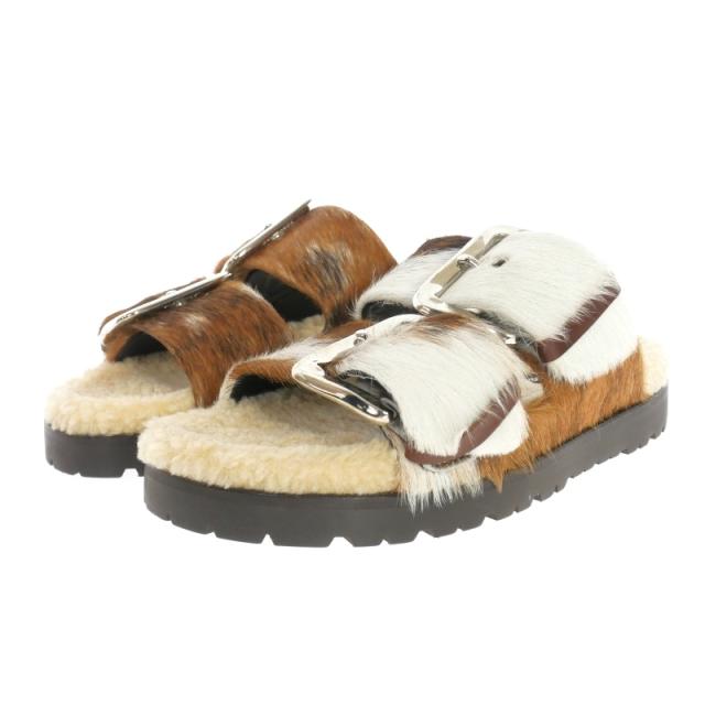 【中古】未使用品 ディースクエアード 22AW ROCK YOUR ROAD SANDALS ファーサンダル 靴 38 白/茶レディース