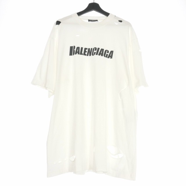 【中古】バレンシアガ BALENCIAGA Caps Destroyed Flatground デストロイ ロゴTシャツ カットソー 半袖 XS ホワイト