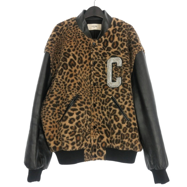【中古】セリーヌ CELINE エディ期 レオパード フリース テディジャケット ブルゾン 50 ブラウン/ブラック 黒 茶