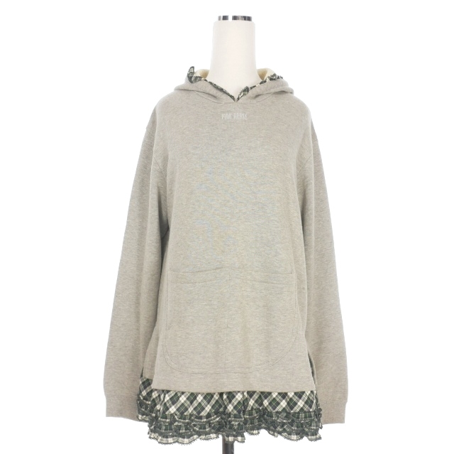 【中古】ピンクハウス PINK HOUSE ピコ加工 ロゴ刺繍 フリルチェック スウェット フーディ パーカー L グレー/グリーン