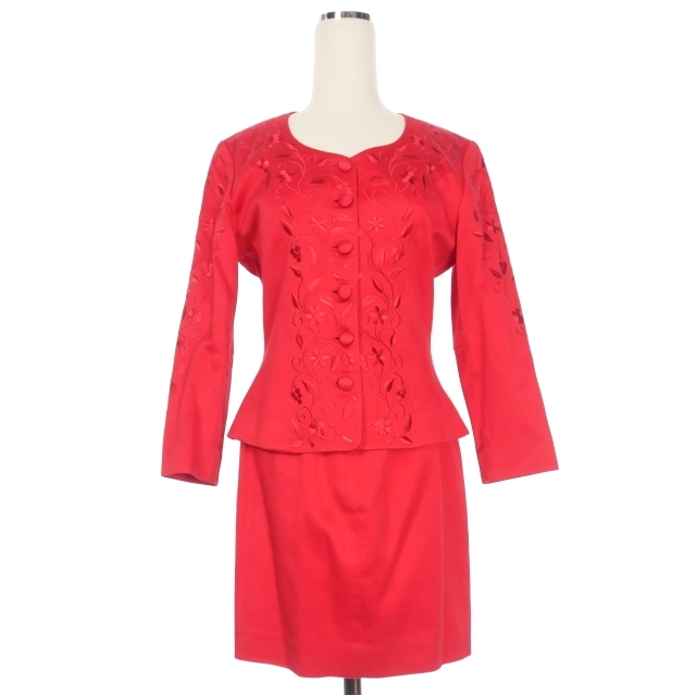 【中古】ケンゾー KENZO 赤タグ 刺繍 セットアップ スカートスーツ M レッド 赤 D-0S1195 レディース