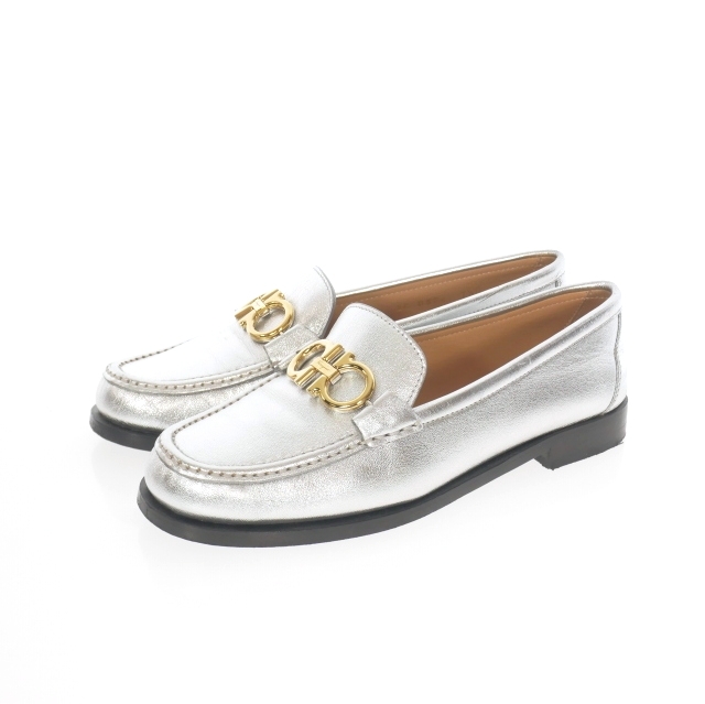 送料無料 サルヴァトーレフェラガモ ガンチーニ ローファー 靴 シューズ レザー イタリア製 5.5C 22.5cm相当 黒 ブラック系 レディース