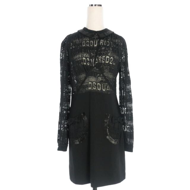【中古】未使用品 ディースクエアード DSQUARED2 23AW D2 Lacey Mini Dress レース ミニドレス ワンピース 長袖 40 黒