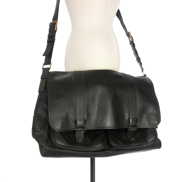 【中古】トムフォード TOM FORD レザーメッセンジャーバッグ ショルダー 鞄 ラージサイズ ブラック/ゴールド金具 黒