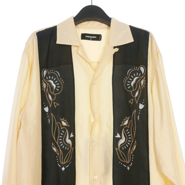 【中古】未使用品 ディースクエアード DSQUARED2 23AW Notch Collar Shirt 刺繍 オープンカラー シルクシャツ 長袖 46_2
