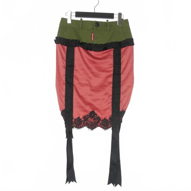 【中古】未使用品 ディースクエアード DSQUARED2 23AW Lingerle Mini ドッキングスカート 38 カーキ/ピンク S72MA0961