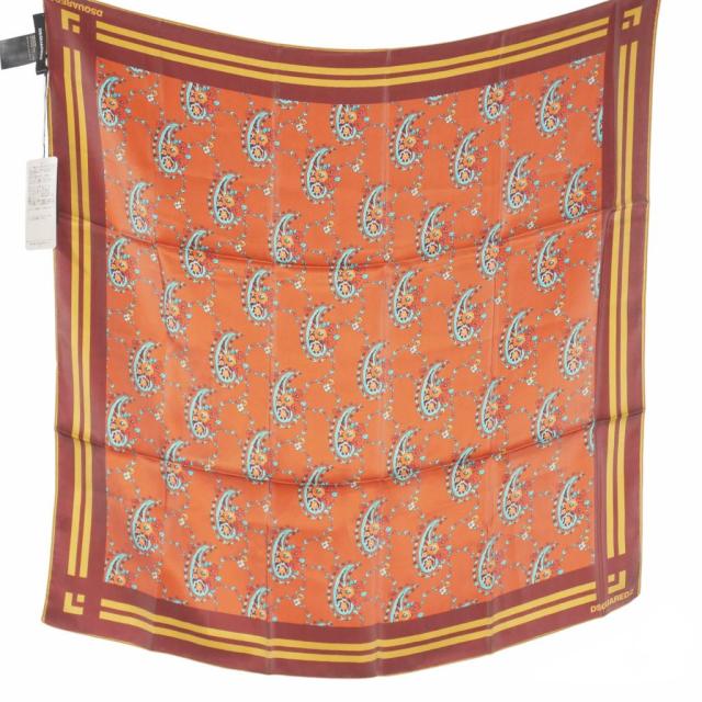 【中古】未使用品 ディースクエアード 23AW シルク スカーフ ストール スクエア 総柄 ブラウン系 S82FU0015 国内正規