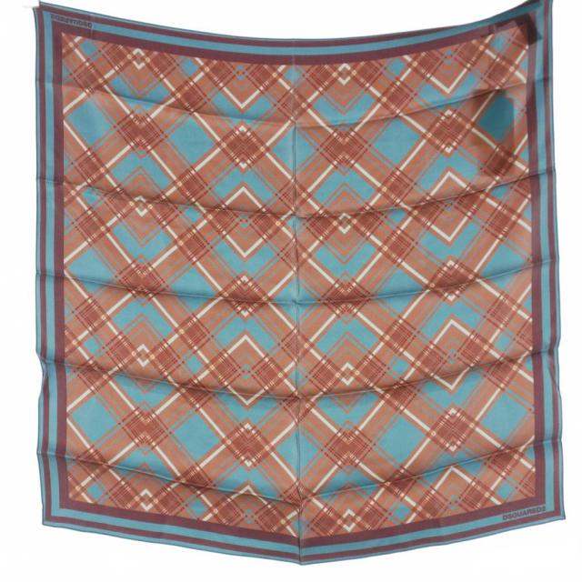 【中古】ディースクエアード チェック シルク スカーフ ストール スクエア ブラウン/ブルー 茶/青 S82FU0007 国内正規