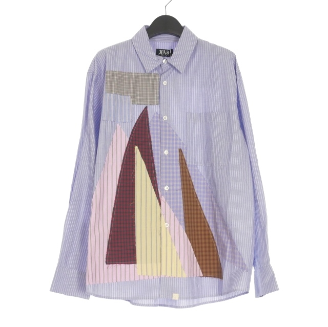 【中古】未使用品 エフエーエフ FAF Fake as flowers Yacht SHIRTS ストライプ パッチワーク シャツ 長袖 2 サックスブルー