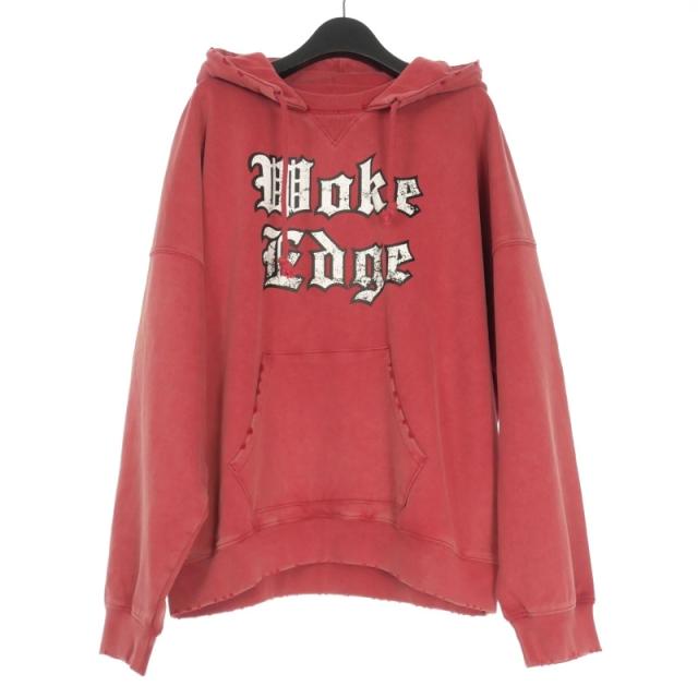【中古】未使用品 ワークエッジ 25AW After Hoodie ダメージ加工 ロゴプリントパーカー フーディー 長袖 L レッド 赤